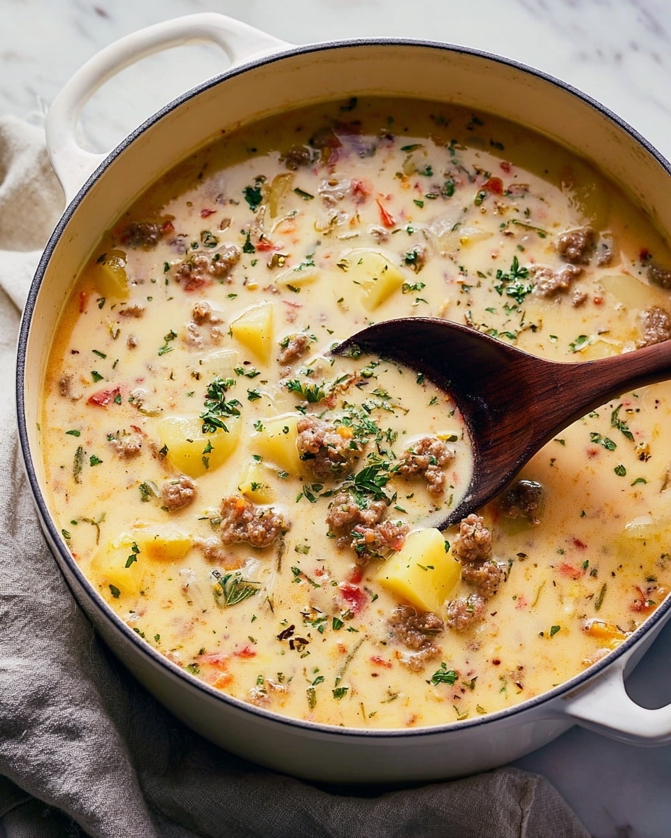 A thick creamy soup in a large white pot fills the frame, showing three main layers: a smooth beige liquid base, scattered light brown cooked sausage pieces, and small yellow potato chunks. There are bits of red and green herbs spread evenly across, with some green herbs concentrated on top of the soup for garnish. A dark wooden spoon dips into the soup from the right side, lifting a spoonful showing all key ingredients. The pot rests on a light gray cloth on a white marbled surface. photo taken with an iphone --ar 4:5 --v 7