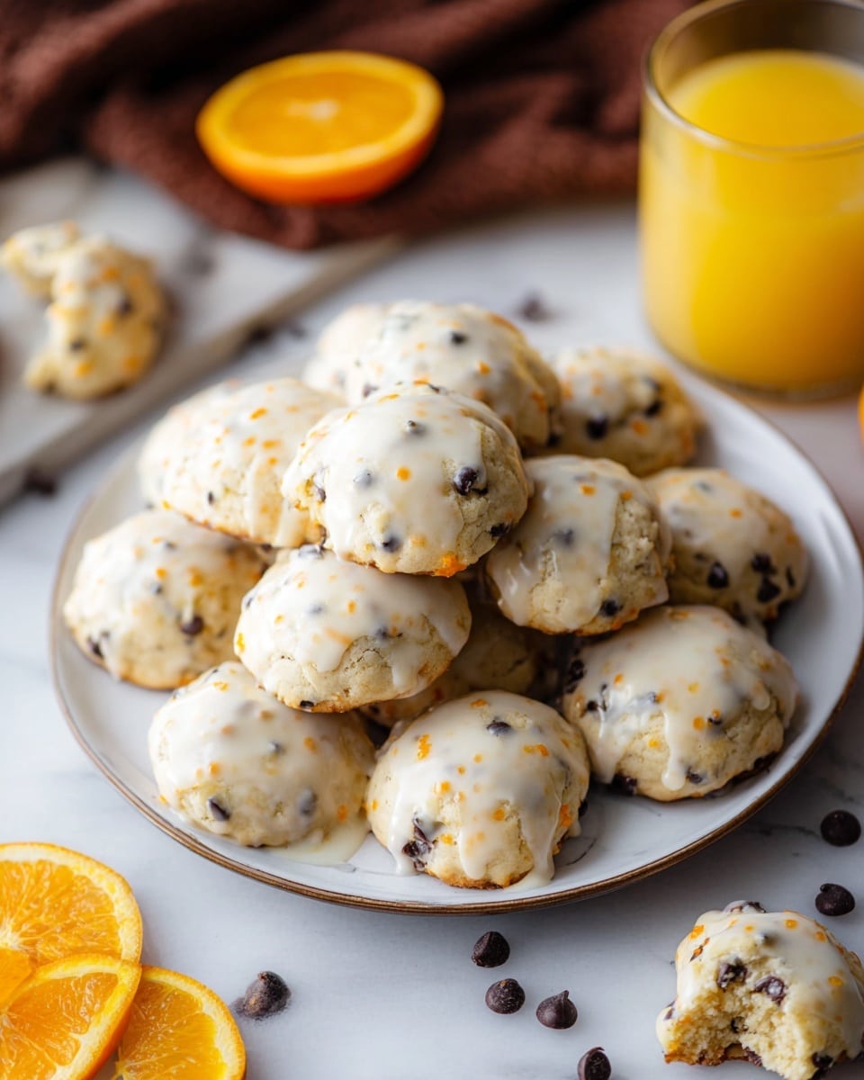 A white plate holds a pile of round cookies, about fifteen in total, each cookie covered with a light, glossy white icing that has small orange specks, and dotted with tiny dark chocolate chips throughout the dough. The cookies have a soft, slightly puffy texture and sit stacked closely together in the center of the plate. Around the plate, a few scattered chocolate chips and orange slices add color, with the plate placed on a white marbled texture. In the background, there's a glass filled with orange juice and pieces of broken cookies on the white marbled surface, creating a cozy and inviting scene. photo taken with an iphone --ar 4:5 --v 7