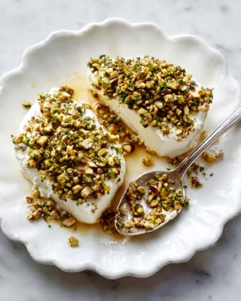 The dish shows two white cream cheese slices on a white scalloped plate, each slice topped with a thick layer of chopped nuts and herbs in green and yellow colors, sprinkled evenly across the surface. A silver spoon rests on the right side, partially on the cheese, with some topping on it. The plate sits on a white marbled surface, giving a clean and bright look. photo taken with an iphone --ar 4:5 --v 7
