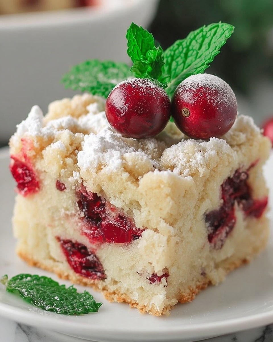 A single square piece of crumb cake is shown placed on a white plate with a white marbled texture underneath. The cake has two main layers: a light beige moist cake base with whole red cherries embedded inside, and a crumbly pale topping dusted with powdered sugar. On top of the cake, there are three whole red cherries and two bright green mint leaves as decoration. The texture of the cake looks soft and fluffy while the crumbly top adds a rough, crunchy contrast. The photo was taken close up to highlight the details of the cake. Photo taken with an iphone --ar 4:5 --v 7
