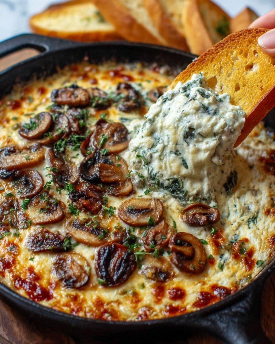 The image shows a black skillet filled with a baked spinach and artichoke dip. The top layer is golden-brown melted cheese with browned edges, scattered with cooked sliced mushrooms and some green herbs, likely parsley. The dip looks creamy with visible bits of spinach and artichoke under the cheese. A toasted white bread slice covered with the creamy dip is held by a woman's hand on the right side, dipping into the skillet. The background and surface feature a white marbled texture. Photo taken with an iphone --ar 4:5 --v 7