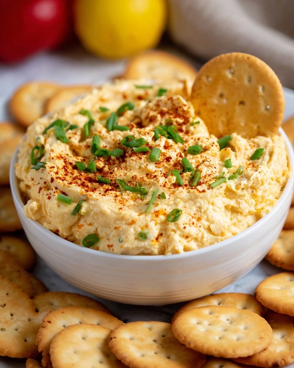 A white bowl filled with creamy, pale yellow hummus with a slightly rough texture, topped with bright green chopped chives and sprinkled with reddish-brown paprika in the center. One round, light golden cracker is partially dipped into the hummus, standing upright. Around the bowl, many more round, light golden crackers are spread out on a white marbled surface. The background shows blurry shapes of red and yellow, adding warm tones. Photo taken with an iphone --ar 4:5 --v 7