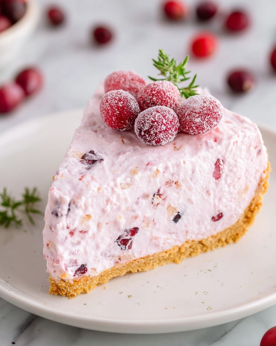 A slice of creamy pink dessert pie sits on a white plate with tiny specks, showing two clear layers: a light golden crumbly crust at the bottom and a thick, fluffy, pale pink filling mixed with small red and dark berry pieces. On top, there are a few sugar-coated red cranberries along with fresh, plain red cranberries and a small green herb for decoration. The background is a white marbled texture with some blurred cranberries scattered around. Photo taken with an iphone --ar 4:5 --v 7