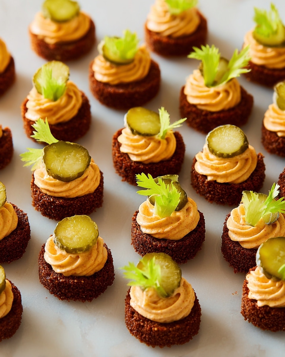 The image shows many small round appetizers arranged on a white marbled surface. Each appetizer has two layers: the bottom layer is a dark brown, crumbly, round base with rough texture, while the top layer is a swirl of light orange creamy mousse with a smooth texture. Each mousse dollop is garnished with a small green pickle slice and a light green celery leaf, both standing upright. The arrangement is neat with even spacing between each piece. photo taken with an iphone --ar 4:5 --v 7