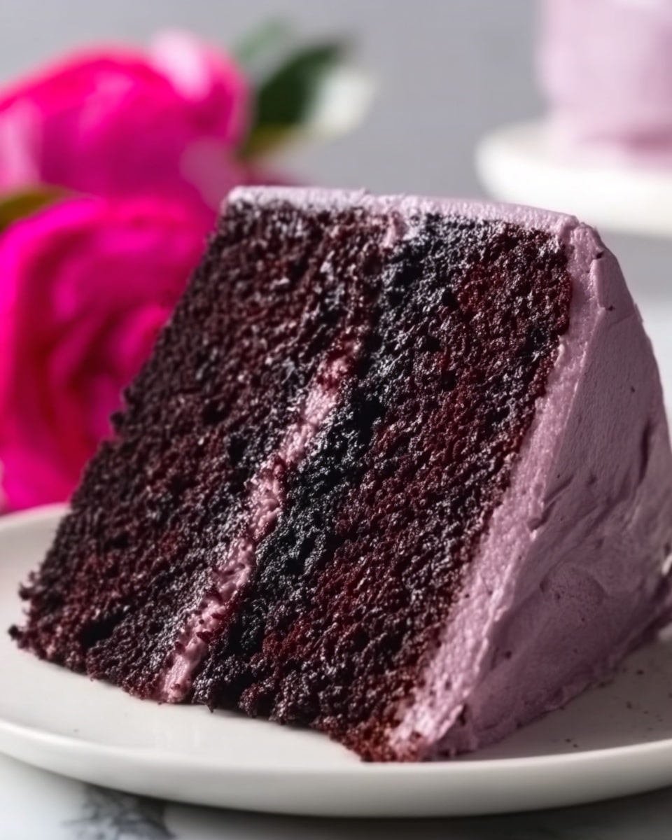 A close-up of a two-layer dark chocolate cake slice with smooth, light purple frosting between the layers and covering the outside. The cake texture looks moist and dense, with the frosting slightly glossy and creamy. The slice sits on a white plate with a white marbled surface in the background. A blurry bright pink flower is visible in the background behind the cake. photo taken with an iphone --ar 4:5 --v 7