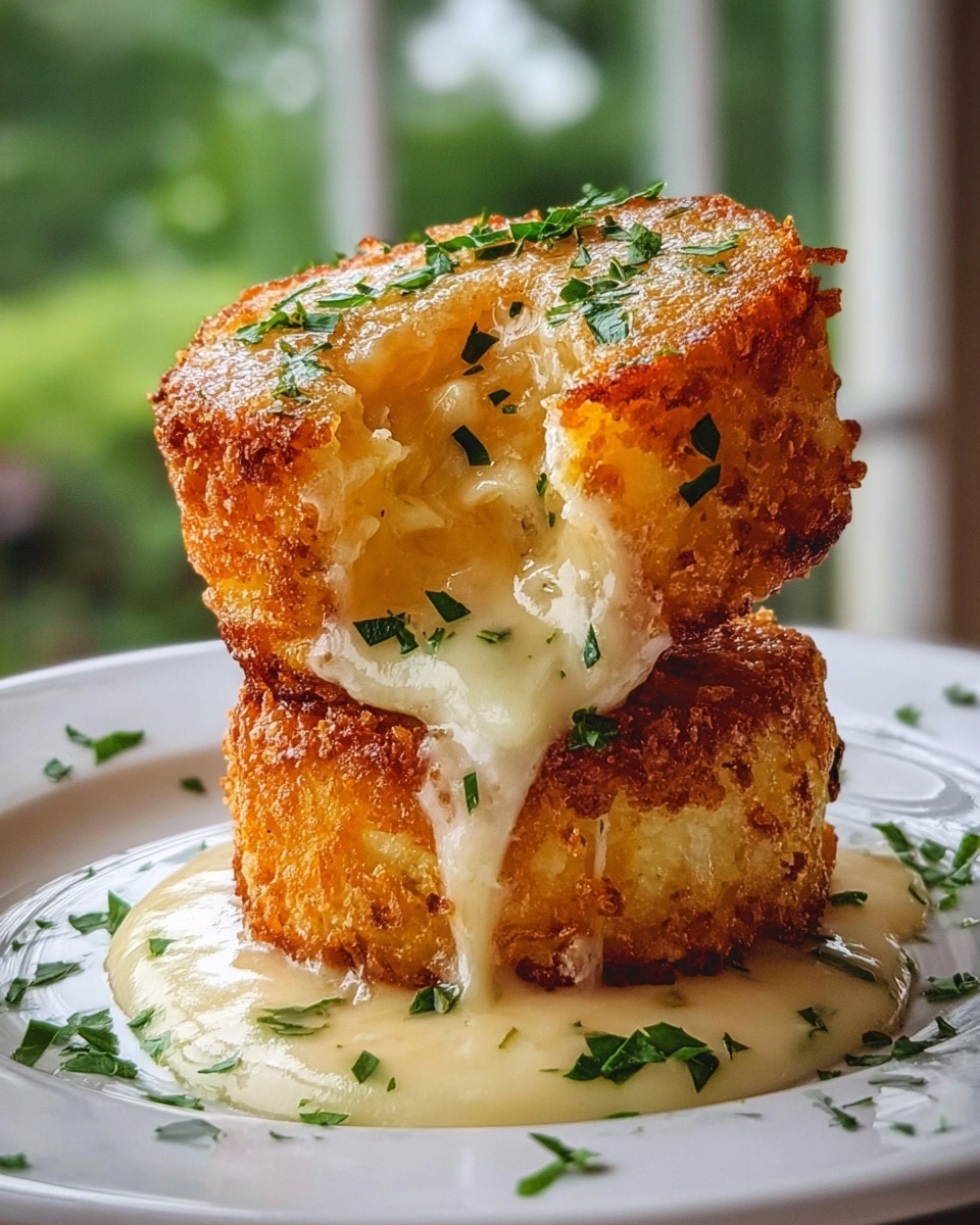 The image shows a stack of two golden brown, crispy cheese cakes with a rough texture on the outside and a soft, creamy inside. Melted cheese is oozing out from both cakes, flowing down the sides and pooling on a white plate beneath them. Small green parsley pieces are sprinkled on top of the cakes and around the plate, adding a touch of color. The background is a soft, blurred scene visible through a window, and the surface underneath is a white marbled texture. photo taken with an iphone --ar 4:5 --v 7