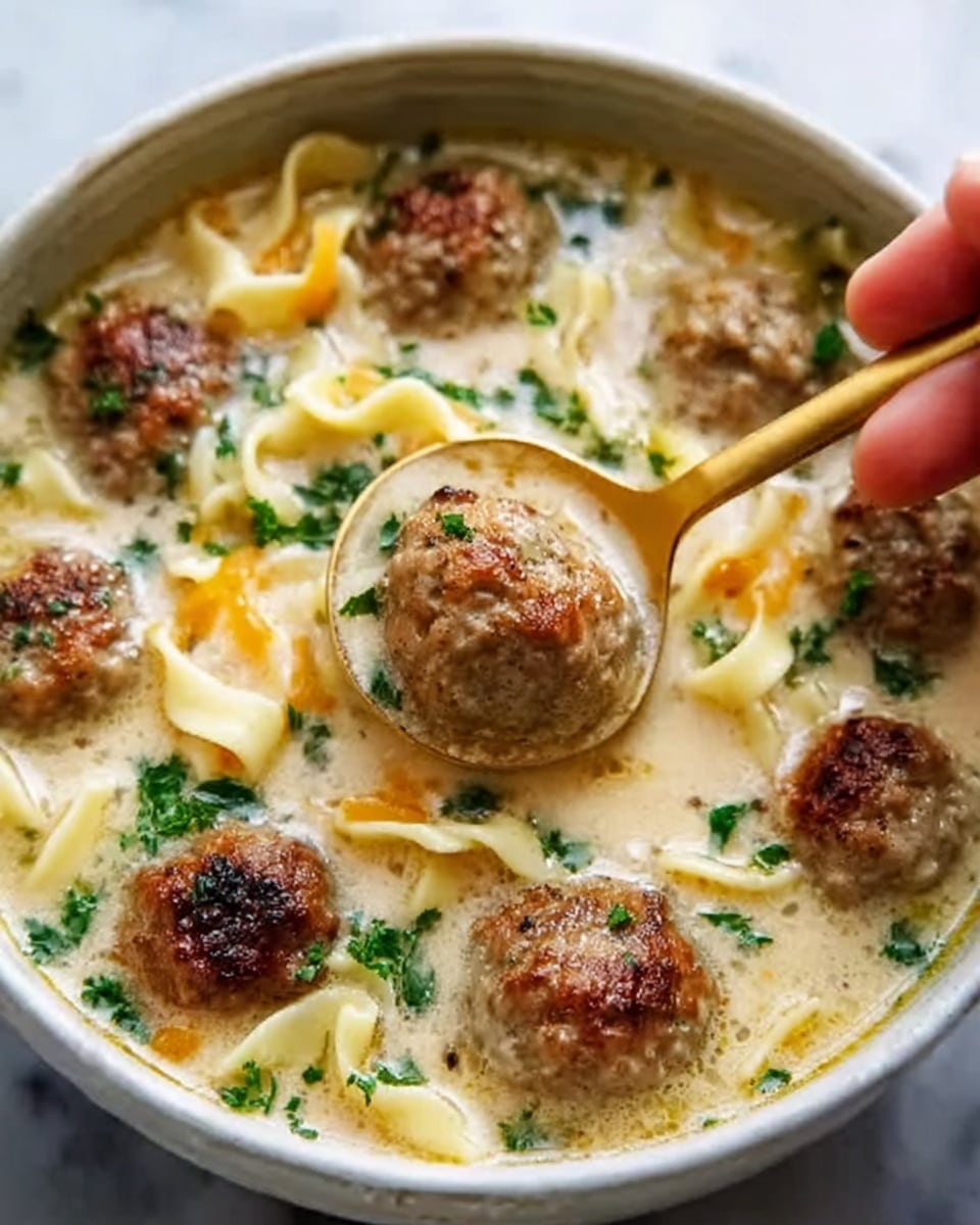 A close-up image of a white bowl filled with creamy soup containing several round, browned meatballs floating on the surface. The soup has a light beige color with visible pieces of egg ribbons that are pale yellow, adding texture. Small green parsley flakes are sprinkled on top, giving a fresh contrast. A large golden spoon held by a woman's hand lifts one meatball, showing its browned and slightly crispy texture. The background is a white marbled surface. Photo taken with an iphone --ar 4:5 --v 7