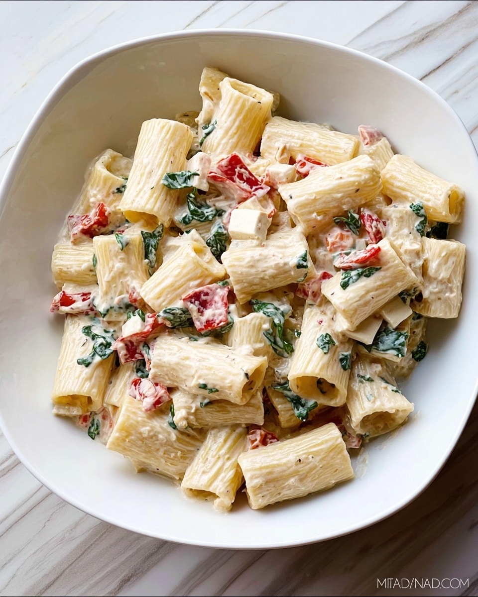 The image shows a white bowl filled with creamy pasta made of large tubular rigatoni noodles coated in a thick white sauce. Mixed evenly throughout are small cubes of pale cheese, bright red pieces of roasted red pepper, and dark green leafy herbs or spinach, adding pops of color and texture. The sauce looks rich and smooth, clinging to the pasta and other ingredients, creating a creamy, hearty appearance. The bowl is set on a white marbled surface. Photo taken with an iphone --ar 4:5 --v 7