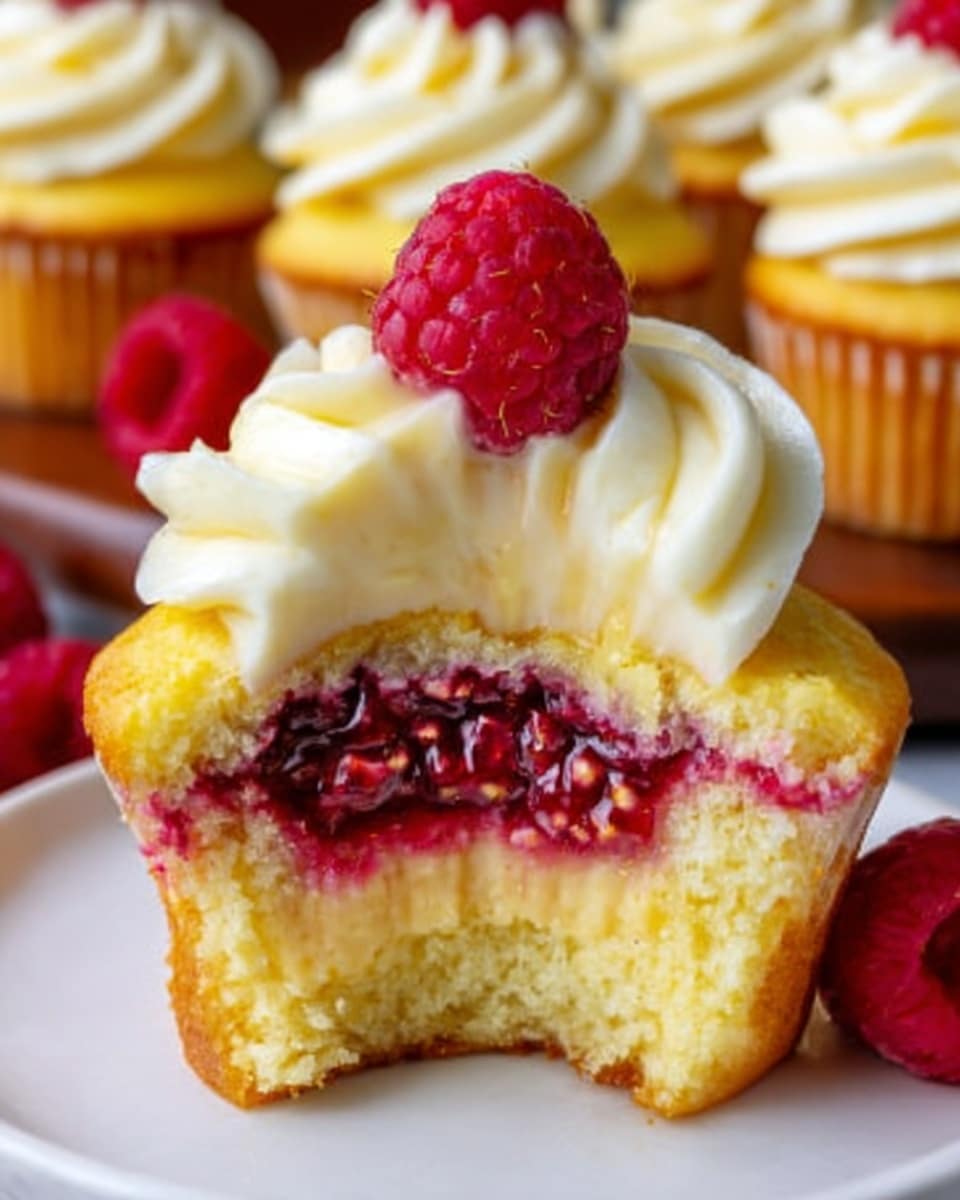 A close-up of a yellow cupcake with a bite taken out showing three layers inside: the bottom layer is soft and crumbly yellow cake, the middle layer is smooth pale yellow custard, and the top layer is a shiny red raspberry jam with visible seeds. On top of the cupcake is a thick swirl of white cream with a fresh red raspberry resting on it. The cupcake sits on a white plate, and in the blurry background, there are more cupcakes on a white marbled surface. Photo taken with an iphone --ar 4:5 --v 7