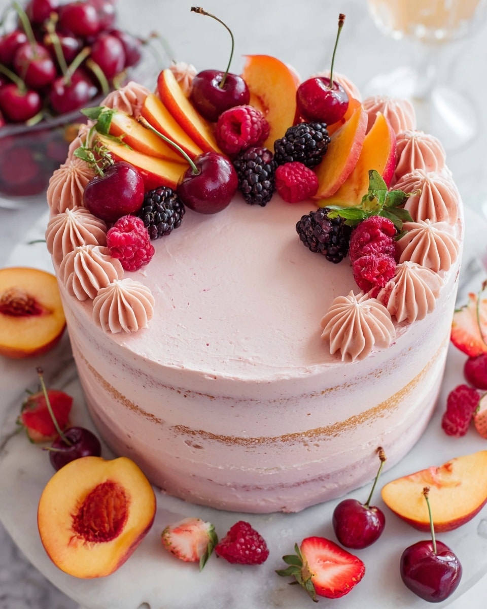 A round cake with three visible layers covered in light pink frosting that is spread thinly, showing some cake beneath. The top of the cake has a half circle of fresh fruits, including red cherries with stems, blackberries, raspberries, sliced strawberries, and peach slices. Around the edge of the top is a ring of light pink swirled frosting dollops. The cake sits on a white marbled surface with more fresh fruit scattered around. Photo taken with an iphone --ar 4:5 --v 7