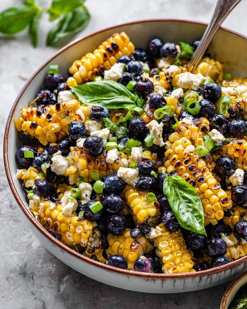 A close-up view of a bowl filled with a colorful salad on a white marbled surface, showing layers of charred yellow corn kernels and bigger corn pieces with brown grill marks, bright yellow corn kernels mixed with shiny dark blue blueberries, and scattered chunks of white cheese. Fresh green basil leaves and chopped green onions sit on top, adding freshness and a hint of green. A silver spoon is partially visible inside the bowl, which is white with a thin brown rim. Photo taken with an iphone --ar 4:5 --v 7