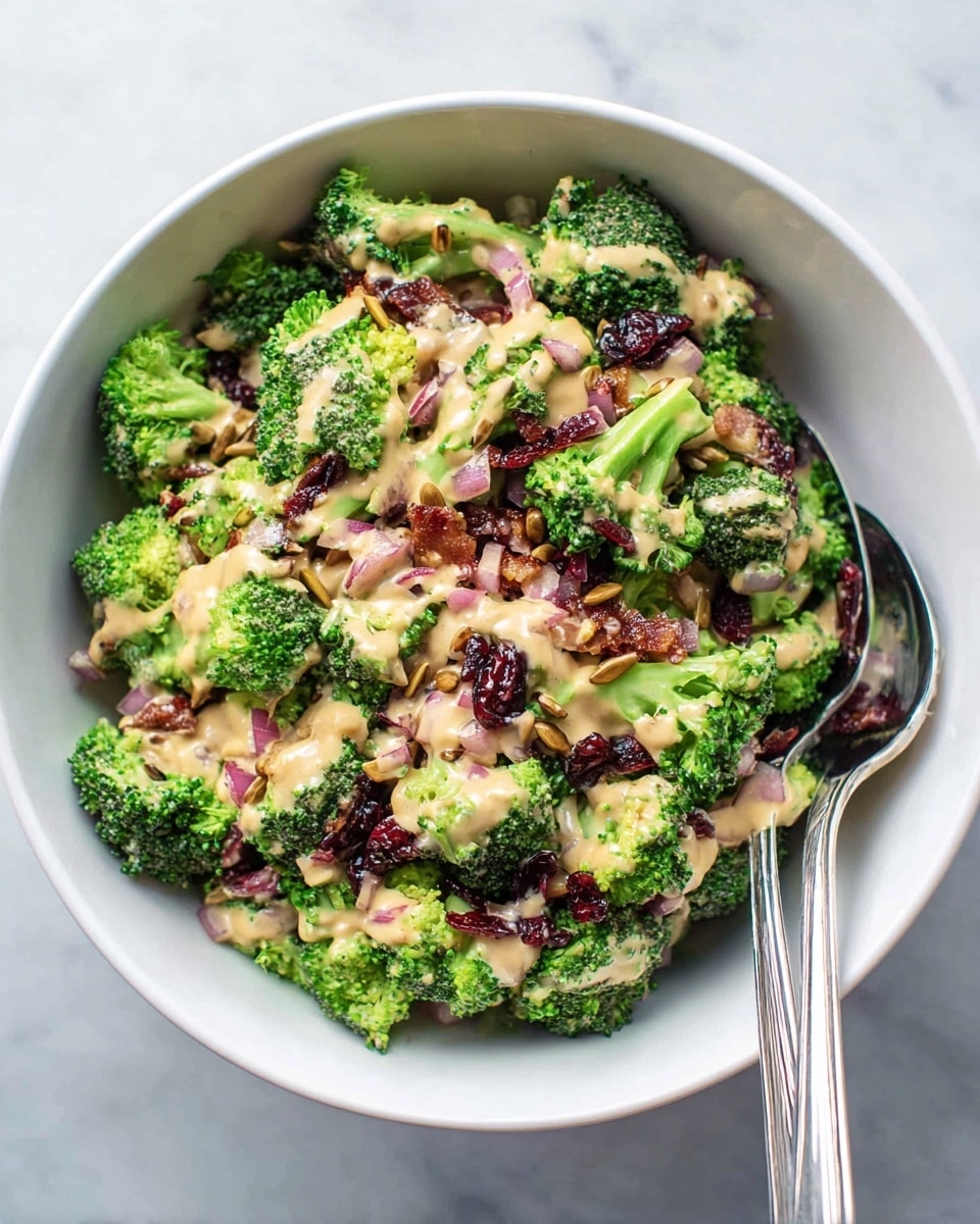 A white bowl filled with bright green broccoli florets as the main layer, mixed with small pieces of red onion and dark red dried cranberries. On top, there is a creamy beige dressing drizzled unevenly, covering parts of the broccoli and other ingredients. Small brown sunflower seeds and bits of crispy bacon are sprinkled throughout, adding texture. Two silver utensils rest on the right side inside the bowl. The bowl sits on a white marbled surface. photo taken with an iphone --ar 4:5 --v 7