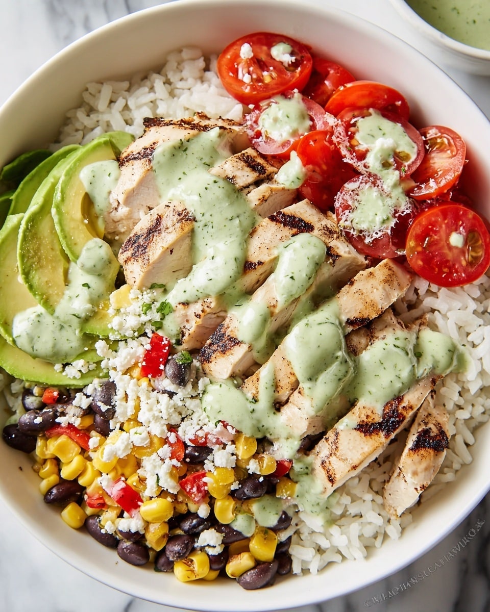 A white bowl filled with a base layer of white rice. On top of the rice, there are several sections: to the right, sliced grilled chicken with light brown grill marks, drizzled with a creamy green sauce; at the top, halved bright red cherry tomatoes with some green sauce drops; below the tomatoes, sliced avocado with the same green sauce over it; at the bottom left, a mix of yellow corn, black beans, and small red pieces, also topped with the green sauce. White crumbly cheese is sprinkled over the entire dish. The bowl sits on a white marbled surface. photo taken with an iphone --ar 4:5 --v 7