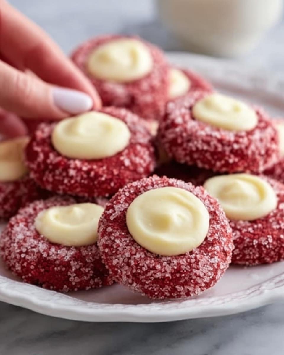 A white plate holds several round red cookies covered in sugar crystals, each with a smooth, creamy white circle of frosting in the center. The cookies are slightly thick with a soft texture, arranged closely together on a white marbled surface. A woman's hand gently lifts one cookie, showing its thickness and softness. photo taken with an iphone --ar 4:5 --v 7