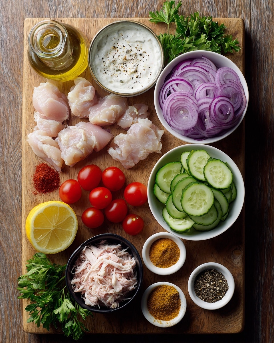 A wooden board holds various fresh ingredients arranged neatly: in the center-left, five pieces of raw, light pink chicken thigh meat rest beside a cluster of small red grape tomatoes. To the right, a white bowl filled with sliced green cucumber rounds is set next to a white bowl of thinly sliced purple-red onions. Above the chicken, there is a small bowl of white creamy sauce sprinkled with black pepper, and a clear glass bottle filled with golden olive oil. Around these main items, there are small white dishes containing different spices—red chili powder, ground black pepper, and golden curry powder. A halved lemon with glowing yellow flesh sits at the bottom left, next to shredded pink chicken in a small black bowl. Fresh green parsley sprigs are scattered across the edges, all laid on a white marbled texture background. Photo taken with an iphone --ar 4:5 --v 7