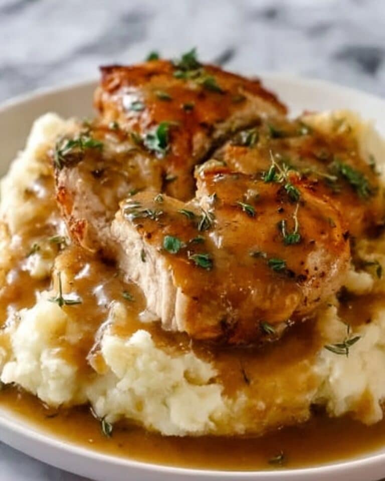 Chicken with Garlic Gravy and Cheesy Mashed Potatoes Recipe