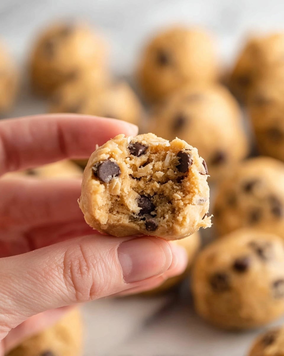 A close-up view of a small ball of cookie dough held between thumb and forefinger of a woman's hand, with one bite taken out of it, showing a soft and crumbly inside texture mixed with small dark brown chocolate chips and light oats. In the blurred background, many similar round dough balls with a golden brown color are resting on a white marbled surface. photo taken with an iphone --ar 4:5 --v 7