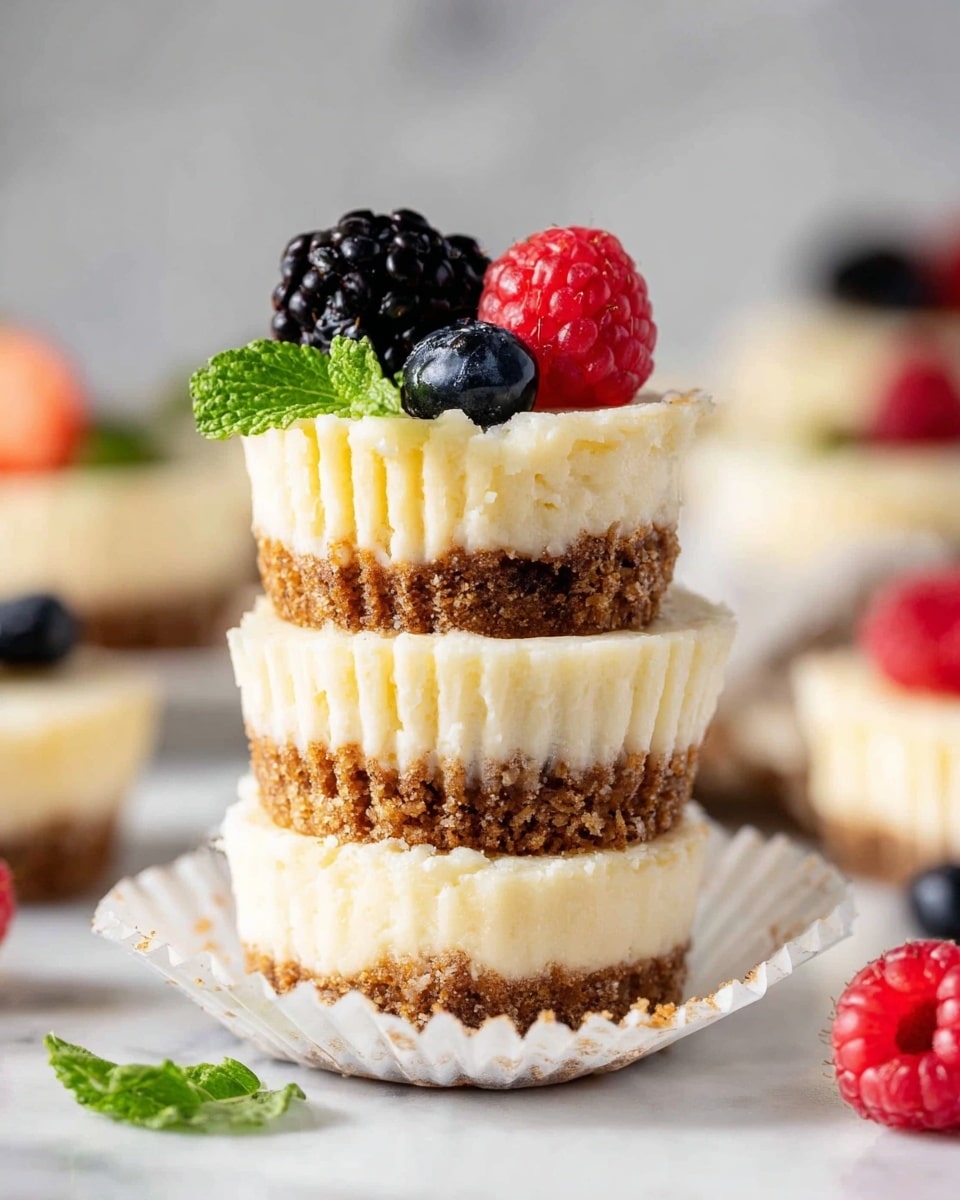 The image shows a stack of three small cheesecakes, each with two layers: a bottom crumbly brown crust and a thick creamy pale yellow cheesecake layer on top. The top cheesecake is decorated with one large blackberry, one red raspberry, one small blueberry, and a small green mint leaf. They rest inside a slightly opened white paper cupcake liner on a white marbled surface. In the background, there are more similar cheesecakes blurred out, and some scattered berries and mint leaves. photo taken with an iphone --ar 4:5 --v 7
