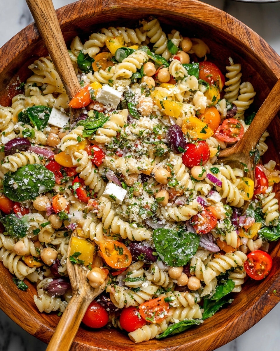 A colorful pasta salad is shown in a round wooden bowl, filled with spiral pasta as the main layer that is coated lightly in dressing. Mixed throughout are bright red and orange cherry tomato halves, vibrant green spinach leaves, light beige chickpeas, dark purple olive halves, and small cubes of white cheese. Thin slices of yellow and red bell peppers add pops of color. The salad is topped with finely chopped herbs and a sprinkle of grated cheese, giving a slightly textured finish. Two wooden salad spoons rest inside the bowl on a white marbled surface. Photo taken with an iphone --ar 4:5 --v 7