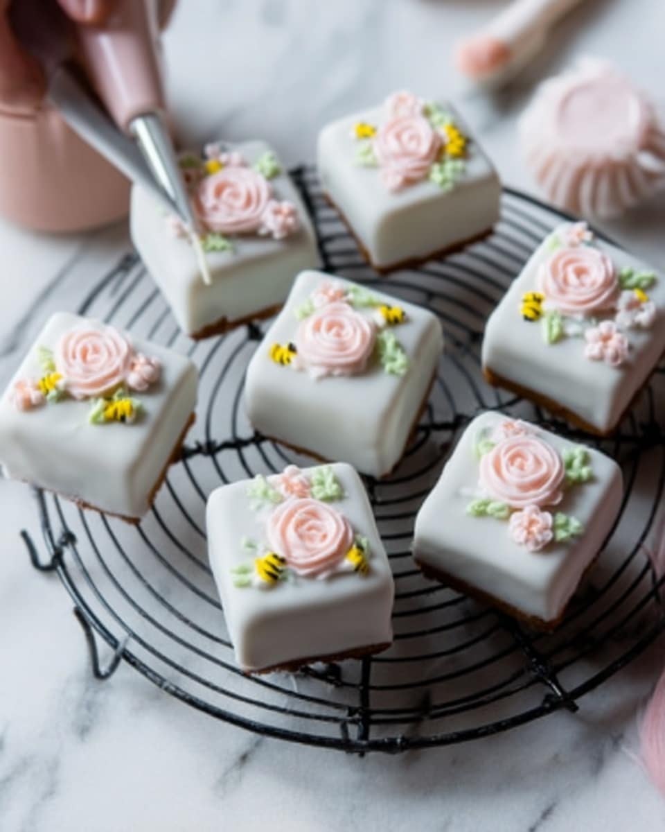 The image shows several small square cakes placed on a round black wire rack over a white marbled surface. Each cake is covered with smooth white icing and decorated with delicate pink rose-shaped frosting and tiny yellow bee figures made of icing. The cakes have a neat and clean look with soft pastel colors, and the decorations are evenly spaced on top of each cake. A woman's hand holds a piping bag with white icing on the left side of the photo, suggesting decoration in progress. Photo taken with an iphone --ar 4:5 --v 7