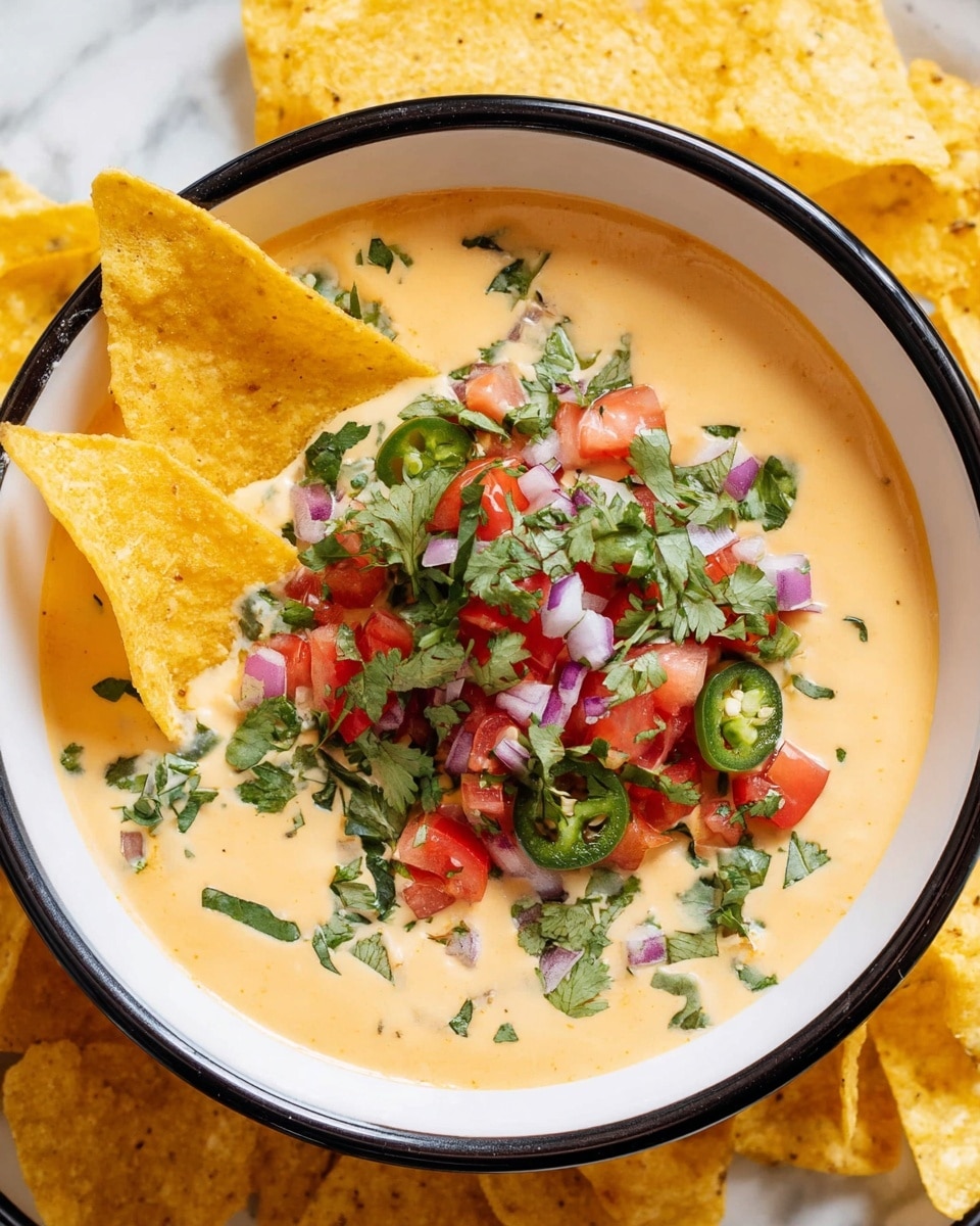 A white bowl with a black rim holds creamy, light orange queso dip as the base layer. On top, there is a colorful mix of chopped fresh vegetables: red tomato pieces, purple onion bits, and green jalapeño slices along with fresh cilantro leaves scattered over the surface. Two yellow corn tortilla chips are dipped into the queso on the left side of the bowl. The bowl is placed on a white marbled surface, surrounded by more yellow corn tortilla chips. photo taken with an iphone --ar 4:5 --v 7