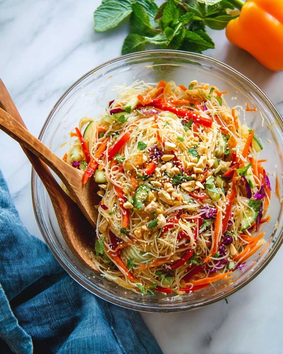 This image shows a clear glass bowl filled with a colorful noodle salad. The salad has thin, light beige noodles as the base layer, topped with long thin strips of bright orange carrots, red bell peppers, light green cucumber slices, and purple cabbage. There are small green herbs sprinkled throughout and chopped peanuts and sesame seeds on top, adding texture. Two wooden spoons rest inside the bowl. The bowl is placed on a white marbled surface with an orange bell pepper and a bunch of fresh green mint leaves nearby, and a blue cloth in the background. photo taken with an iphone --ar 4:5 --v 7