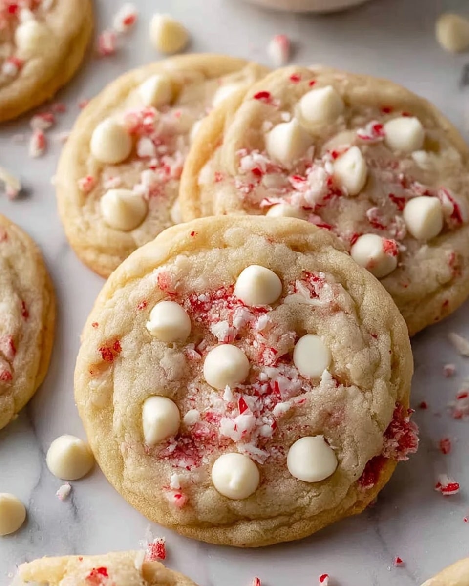 The image shows close-up of three round cookies with a soft, slightly golden base. Each cookie is embedded with unevenly placed white chocolate chips that add glossy white spots. Throughout the cookie dough, there are streaks of crushed red peppermint candy, giving a speckled look with pops of red and white candy pieces on top. Around the cookies, a few extra white chocolate chips and bits of crushed peppermint candy are scattered on a white marbled surface. The cookies have a slightly bumpy and chewy texture with different layers of color from light golden to creamy white and red. photo taken with an iphone --ar 4:5 --v 7