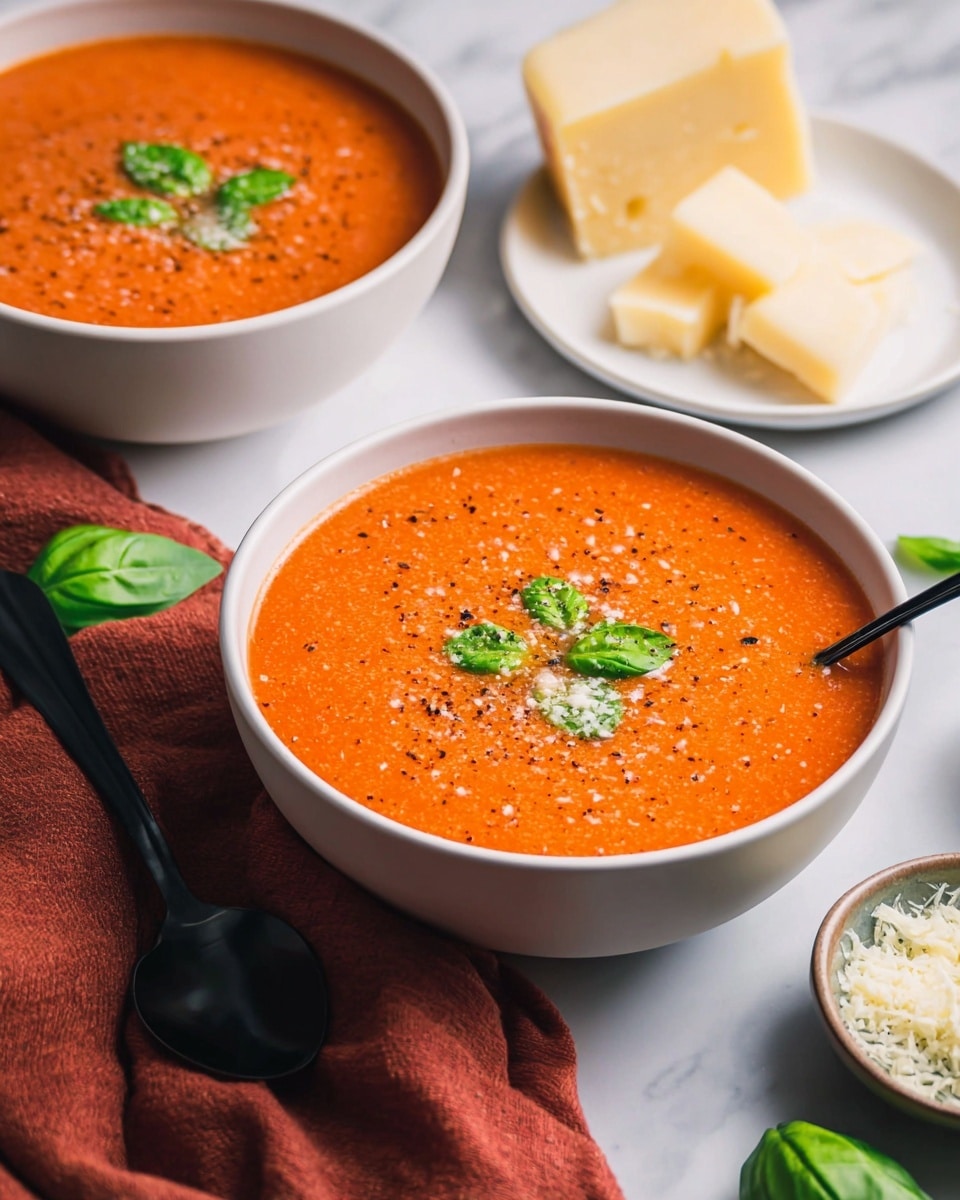 Two white bowls filled with smooth bright orange tomato soup, each bowl garnished with small fresh green basil leaves and a sprinkle of black pepper and grated cheese. In the foreground, one bowl has a black spoon resting inside. Around the bowls, there are small piles of grated cheese on a white plate and large chunks of hard cheese stacked nearby. The setting is on a white marbled surface with a rust-colored cloth napkin beside the bowl in front. Photo taken with an iphone --ar 4:5 --v 7