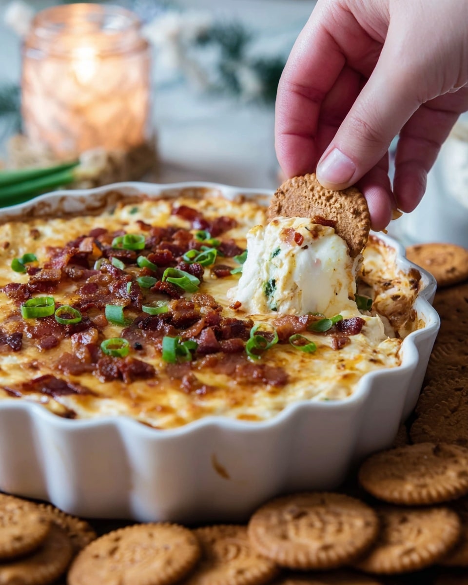 A white scalloped dish filled with a baked dip that has a golden brown, slightly bubbly cheese layer on top, scattered with small bits of crispy bacon and chopped green onions. A woman's hand is dipping a round, textured cracker into the creamy, white inside layer of the dip, which looks soft and rich. Around the dish, there is a pile of round, brown crackers with a patterned surface. The background has a soft focus with a white candle and a jar visible, all set against a white marbled texture. photo taken with an iphone --ar 4:5 --v 7