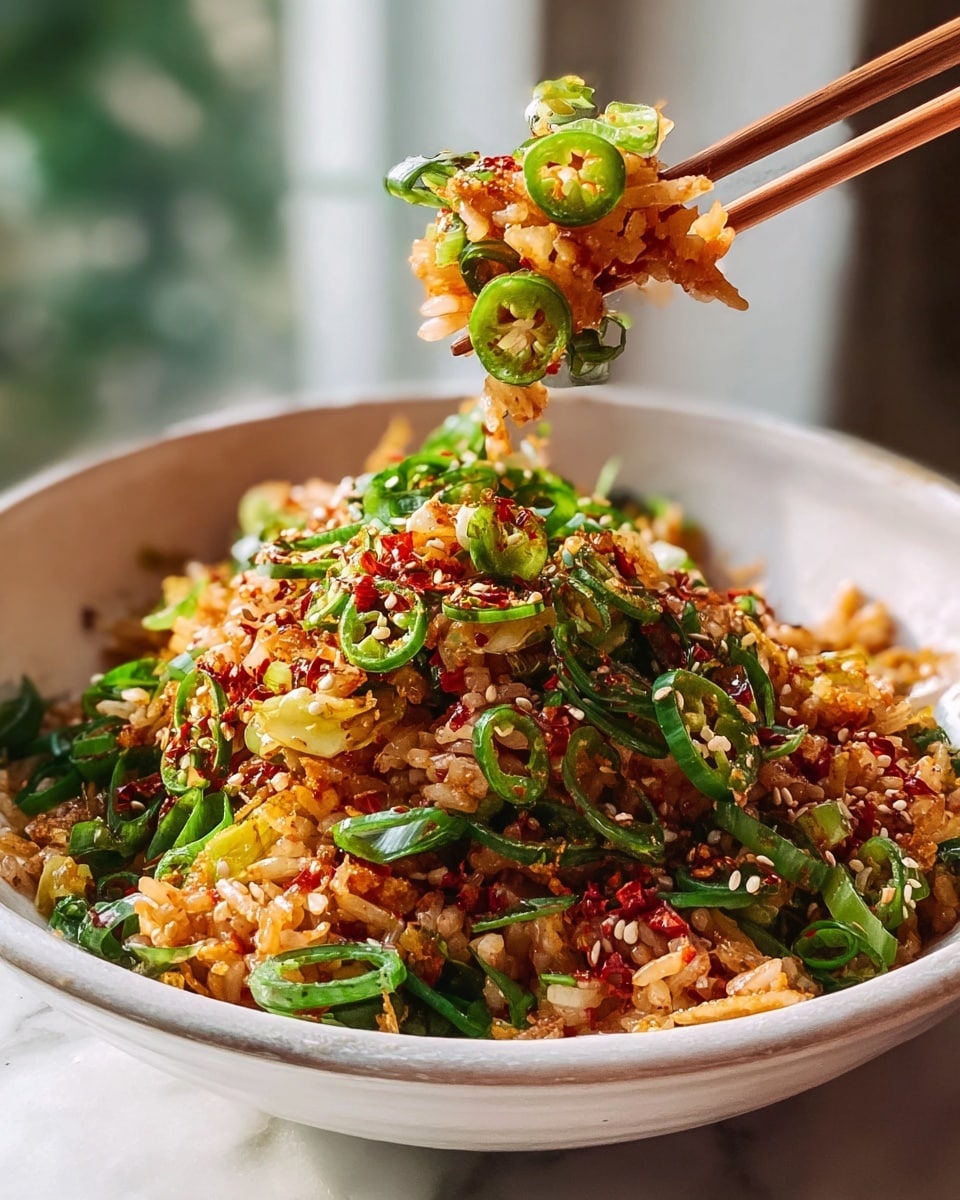A white bowl filled with a colorful mix of fried rice topped with chopped green onions, thin green chili slices, and sprinkled with sesame seeds and red chili flakes. The rice appears light brown with crispy golden fried bits mixed throughout, giving a crunchy texture. A pair of chopsticks held by a woman's hand lifts a small portion of the rice, showing the layers of green onions, chili flakes, and crispy rice pieces clearly. The bowl sits on a white marbled surface with soft natural light highlighting the vibrant colors and textures of the dish. photo taken with an iphone --ar 4:5 --v 7