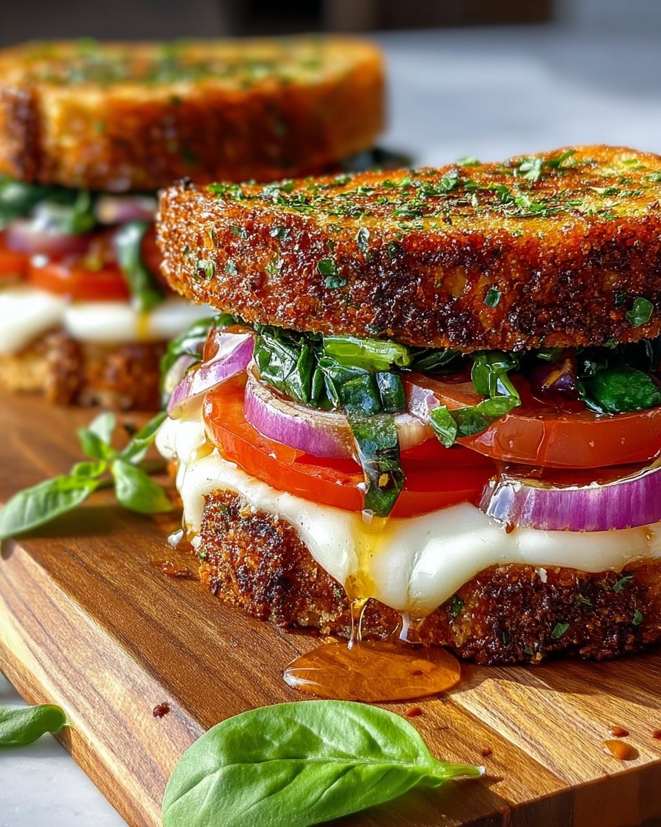 Two grilled sandwiches are shown close up on a wooden board with a white marbled background. Each sandwich has two thick slices of golden brown, crispy bread sprinkled with green herbs on top. Inside, starting from the bottom, there is a thick layer of melted white cheese dripping slightly, followed by slices of red tomato, chopped purple onion, and bright green spinach leaves. A drizzle of honey or syrup is seen running down the cheese layer, adding a glossy shine. A few fresh green leaves are placed near the sandwiches. Photo taken with an iphone --ar 4:5 --v 7