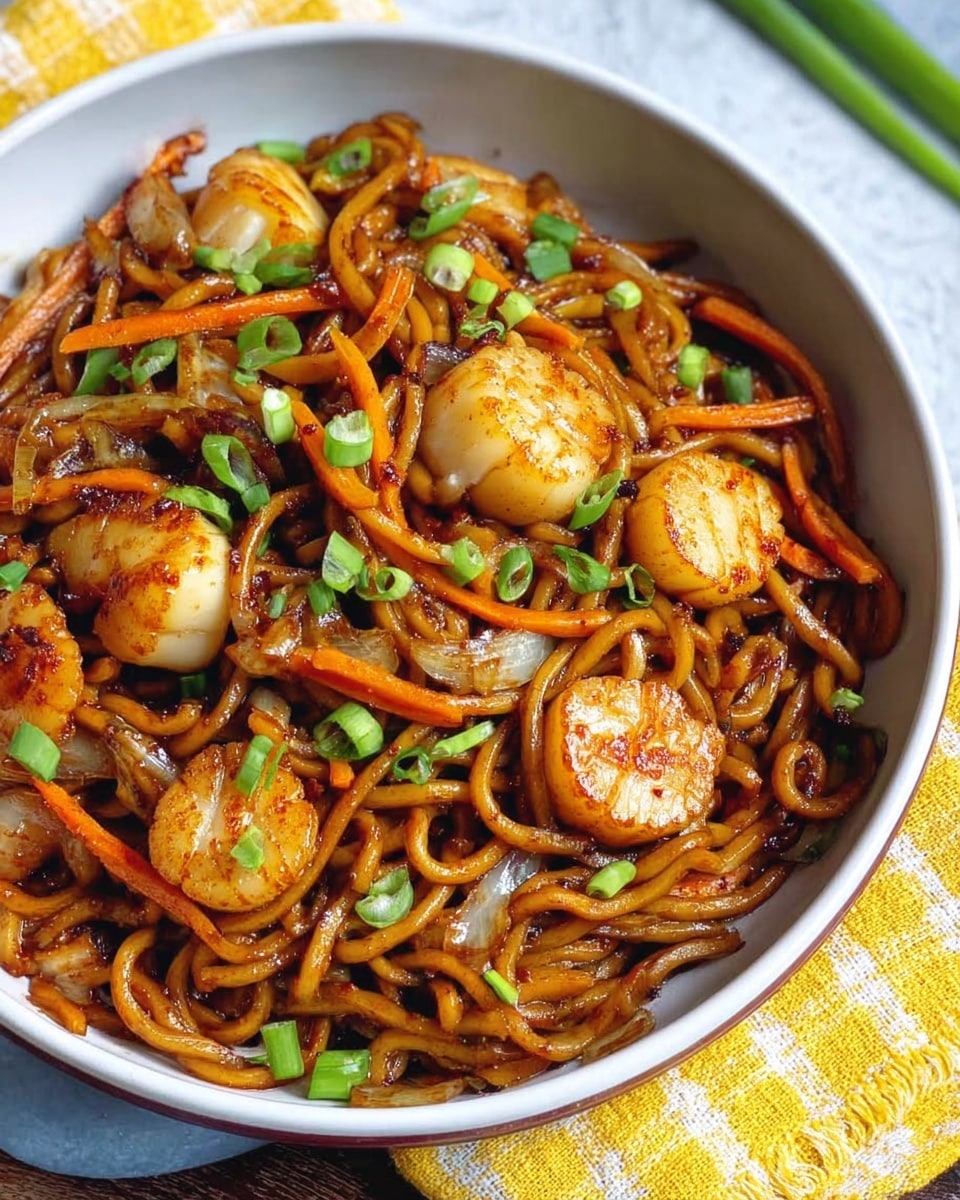 A round white bowl filled with thick, glossy brown noodles mixed with thin orange strips of carrot and light brown slices of onion, topped with golden-brown seared scallops scattered throughout. Bright green chopped scallions are sprinkled on top as garnish. The bowl is placed on a yellow and white checkered cloth on a white marbled surface. photo taken with an iphone --ar 4:5 --v 7