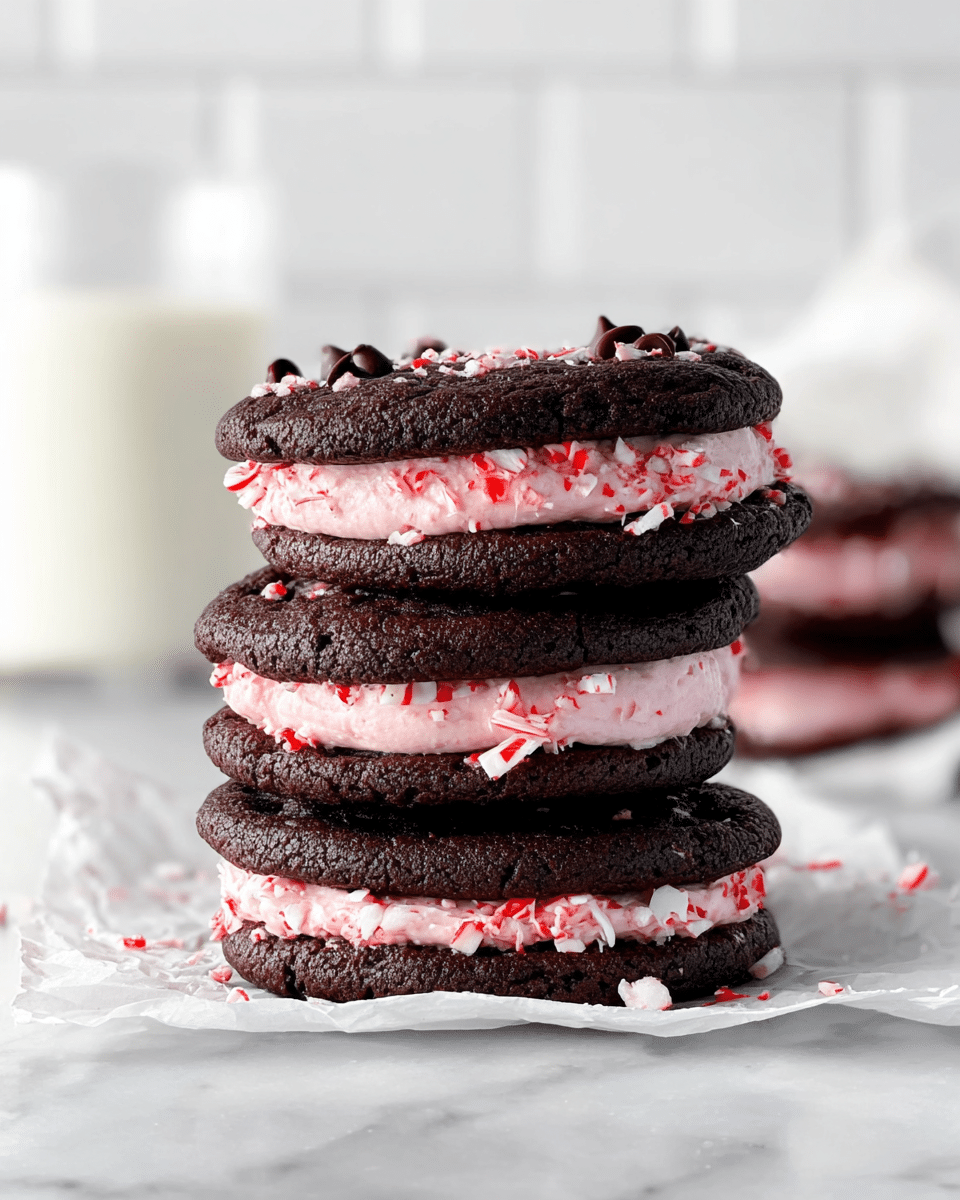 A stack of three dark chocolate cookies with three thick layers of light pink cream filling in between, each cream layer sprinkled with small pieces of crushed red and white peppermint candy. The top cookie has chocolate chips on it, and the stack sits on a piece of white parchment paper on a white marbled surface. The background is softly blurred white tiles, and a glass of milk is visible in the left background. Photo taken with an iphone --ar 4:5 --v 7