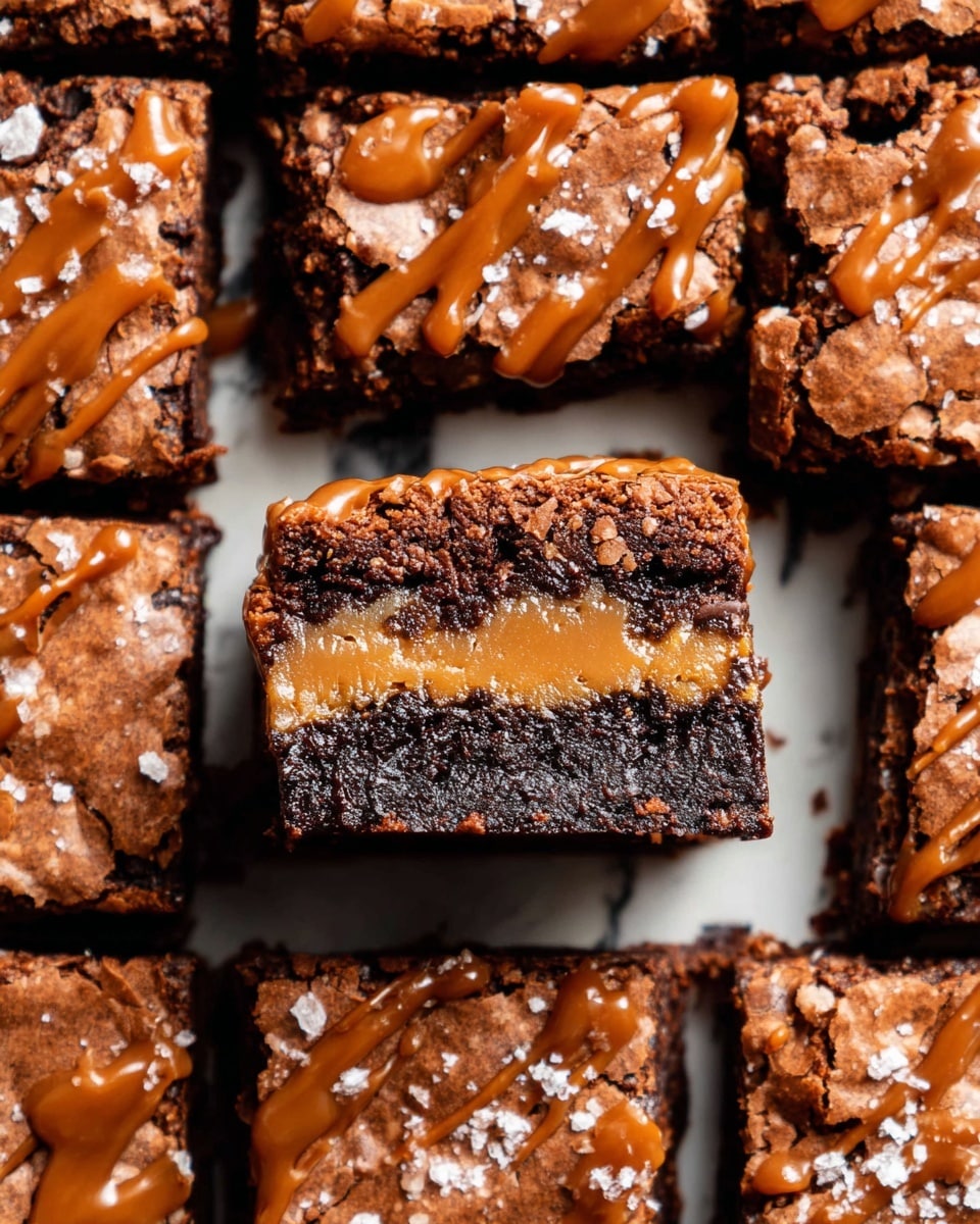 The image shows square brownies arranged in a grid on a white marbled surface, with one brownie in the center lifted to display its three layers: a bottom dark rich chocolate layer, a middle gooey caramel layer, and a top lighter chocolate layer with a crumbly texture. Each brownie is drizzled with caramel sauce and sprinkled with flaky sea salt, adding a glistening effect on the top. The texture contrasts between the fudgy base, silky caramel, and crunchy top layer are clearly visible. photo taken with an iphone --ar 4:5 --v 7
