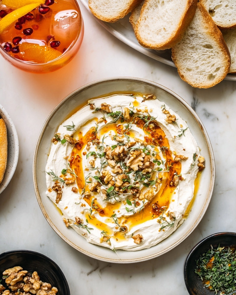 A shallow bowl holds a creamy white dip spread evenly in one layer with a smooth, thick texture. On top, there is a bright orange drizzle of oil or sauce, swirled lightly across the surface. Scattered over this are small pieces of chopped walnuts and tiny green herb leaves, adding texture and color contrast. The bowl sits on a white marbled surface surrounded by sliced white bread at the top, a glass filled with an orange drink with ice and garnished with pomegranate seeds and a slice of orange to the left and bottom, a small black bowl with chopped nuts nearby, and a small dish holding scattered green herbs to the right. photo taken with an iphone --ar 4:5 --v 7