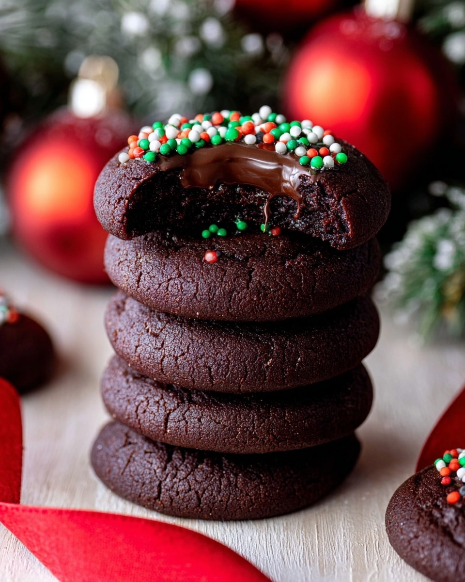 A stack of five dark chocolate cookies is shown, with the top cookie having a bite taken out of it, revealing a smooth, glossy dark chocolate ganache center. The ganache is topped with small round sprinkles in green, white, red, and orange colors. The cookies have a rough, slightly cracked texture on the outside. The stack sits on a white wooden surface with a red velvet ribbon curling around it. In the background, blurred Christmas decorations with red ornaments and green, white-speckled pine needles add a festive feel. Photo taken with an iphone --ar 4:5 --v 7