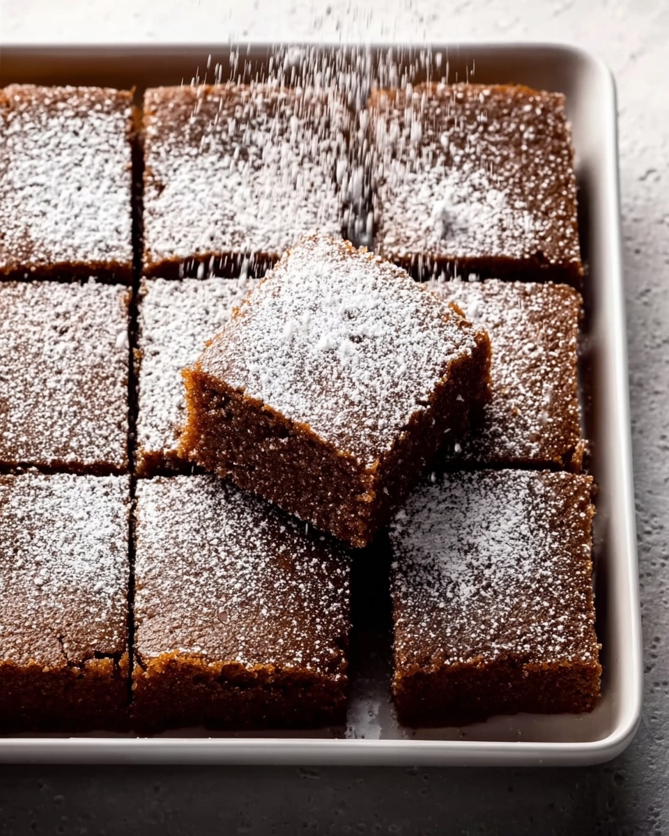 The image shows a tray filled with nine square gingerbread brownies arranged in a 3x3 grid with rich brown color and soft texture. One brownie is lifted slightly above the others, showing its spongy and moist interior with a dense crumb. A light dusting of white powdered sugar is falling on the top brownie, gently covering it and some of the other brownies with a thin, even layer of white dust. The tray is white and sits on a white marbled textured surface, adding a clean and bright background to the warm, cozy colors of the brownies. photo taken with an iphone --ar 4:5 --v 7