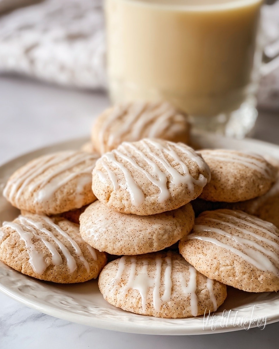 A white plate holds a neat pile of soft, round cookies with a light tan color and a slightly textured surface showing tiny specks, likely from spices. Each cookie is decorated with thin, uneven drizzles of white icing that contrast against the cookie color. Some cookies overlap, creating a small stacked effect. In the background, there is a large glass filled almost to the top with a creamy, light beige liquid. The items are set against a white marbled texture surface. photo taken with an iphone --ar 4:5 --v 7