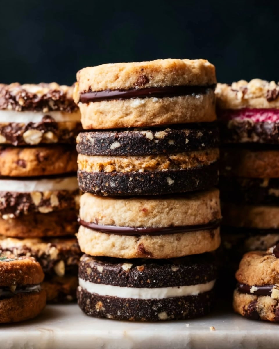 The image shows three tall stacks of cookies on a white marbled surface. Each stack has cookies with different textures and colors. The cookies have layers of light brown, golden brown, dark brown, and some have white or pink creamy fillings visible between them. Some cookies have rough textures with bits of nuts or crumbs on top, while others are smooth with a shiny chocolate coating. The dark brown cookies with white and pink fillings stand out in the middle of each stack. The background is dark, making the cookies look bright and detailed. photo taken with an iphone --ar 4:5 --v 7
