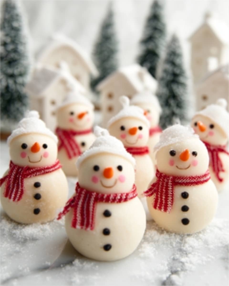 The image shows a group of small snowman-shaped treats arranged closely together on a white marbled surface. Each snowman has two round layers: a larger bottom layer and a smaller top layer, both smooth and white, mimicking snowballs. They have small black dots for eyes and buttons, and a tiny orange carrot-shaped nose. Around their necks are thin red scarves with stripe details, wrapped neatly. Some snowmen wear white hats with a small pom-pom on top. The scene includes white, snowy trees and white, house-shaped decorations blurred in the background, giving a festive winter feel. Photo taken with an iphone --ar 4:5 --v 7