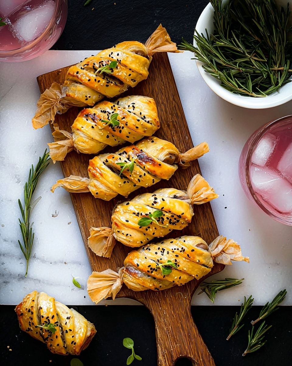 Six golden brown twisted pastry snacks are placed on a small wooden board with a handle, each snack tied at both ends resembling candy wrappers with slightly crinkled edges. The pastries have a shiny, flaky texture with some dark spots and are sprinkled with black sesame seeds on top, each garnished with a small sprig of fresh green rosemary. One pastry lies separately on the white marbled surface with loose rosemary leaves scattered around. A white bowl with green rosemary sits in the top right corner and a glass filled with pink liquid and ice cubes is visible in the bottom right. Photo taken with an iphone --ar 4:5 --v 7