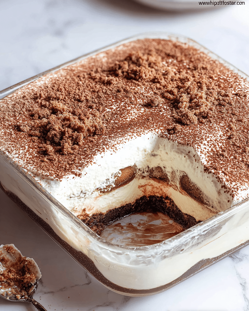A square glass dish filled with a multi-layered dessert, showing four visible layers inside; the bottom layer is dark brown, followed by a thick white creamy layer, then another dark brown layer, and topped with a thick white creamy layer. The top surface of the dessert is covered evenly with a fine layer of cocoa powder and sprinkled with crumbled bits of brown topping. A corner of the dessert is scooped out, revealing the creamy layers inside and the glass dish sits on a white marbled surface with soft natural lighting. Photo taken with an iphone --ar 4:5 --v 7