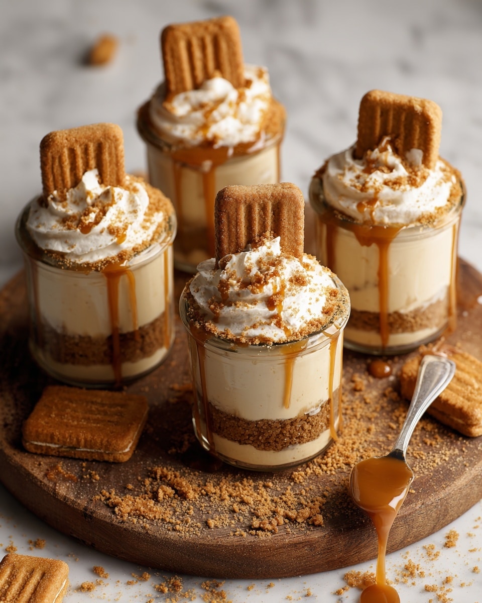 The image shows five small glass jars filled with a layered dessert placed on a round wooden board on a white marbled surface. Each jar has three layers: a bottom layer of crushed, light brown crumbs; a middle layer of smooth, creamy light beige filling; and a top layer of whipped cream sprinkled with more crumbs. A whole rectangular biscuit stands upright in the whipped cream of each jar, and a caramel-like sauce is drizzled over the whipped cream and crumbs. Crumbs and biscuits are scattered around the jars, with a spoon holding caramel sauce resting nearby. Photo taken with an iphone --ar 4:5 --v 7