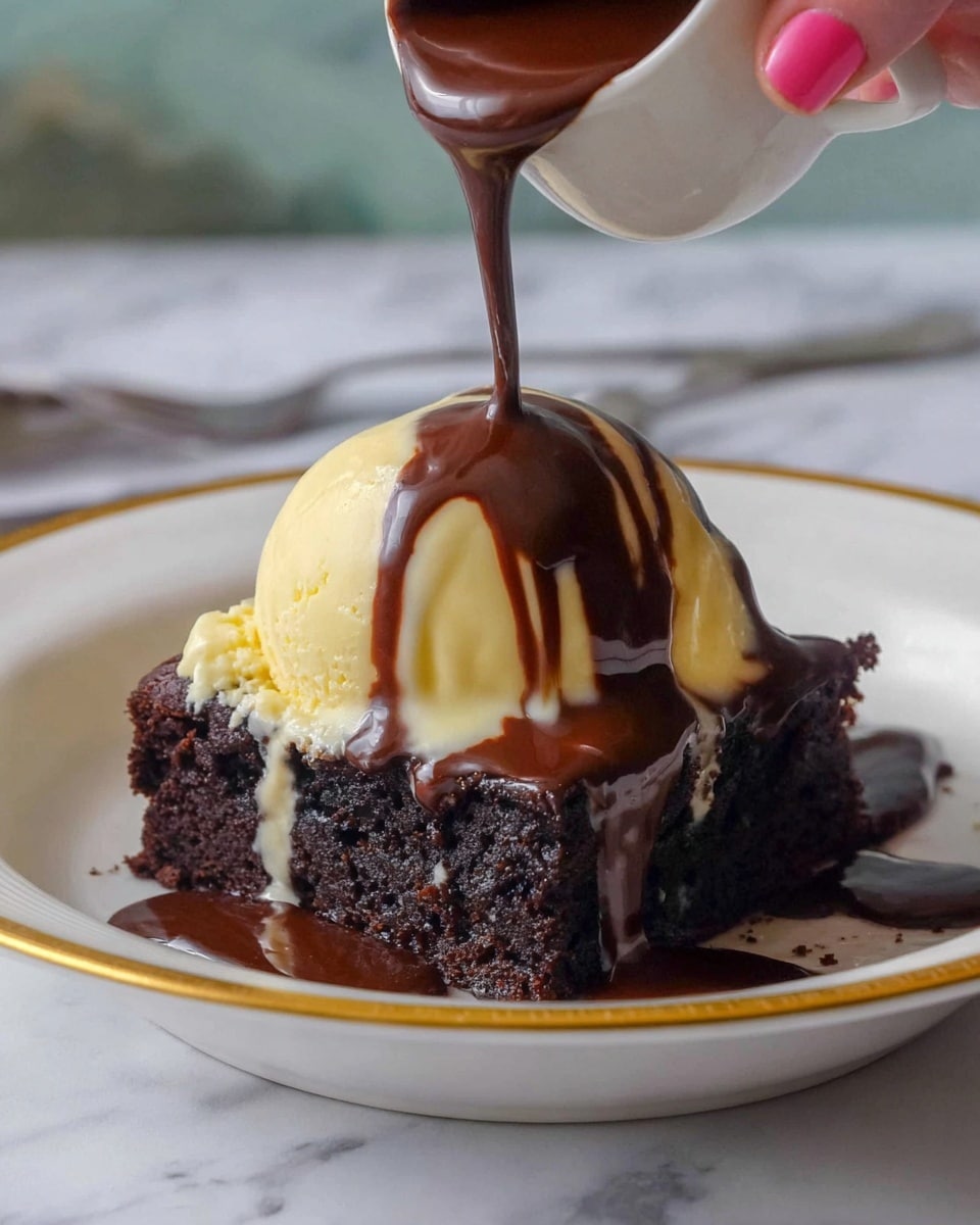 A square slice of dark brown chocolate cake with a moist, crumbly texture forms the base layer on a white plate with a gold rim. On top of the cake is a pale yellow scoop of vanilla ice cream, slightly melting and creating a soft, creamy layer. Rich, thick dark chocolate sauce is being poured over the ice cream from a small cup held by a woman's hand with pink nails, covering the ice cream and dripping down the sides of the cake. The scene is set on a white marbled surface with some out-of-focus background details. photo taken with an iphone --ar 4:5 --v 7