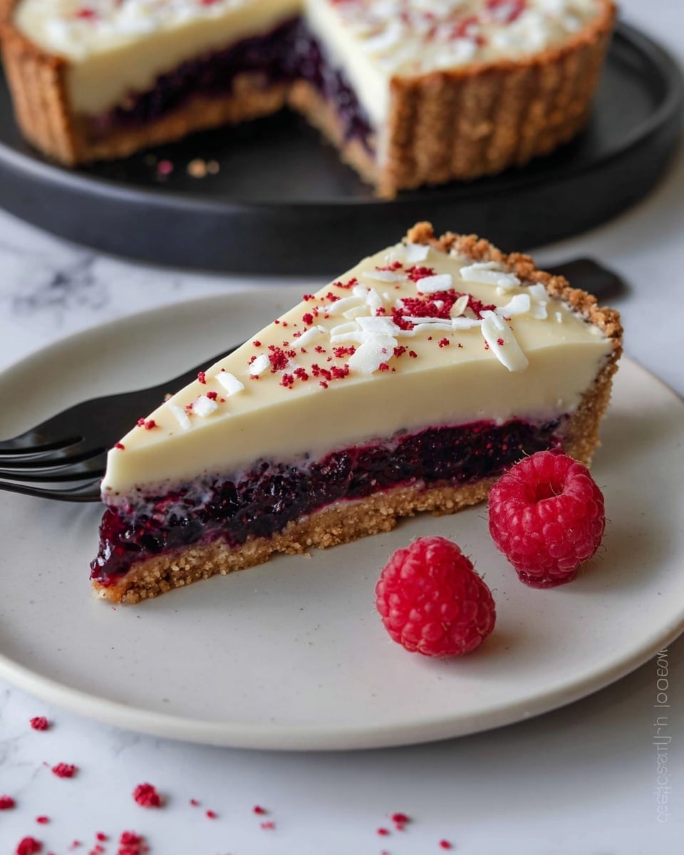 A slice of tart with three visible layers sits on a white plate: the bottom layer is a light brown crumbly crust, the middle layer is a dark purple berry filling with a slightly shiny texture, and the top layer is a smooth creamy white topping sprinkled with white flakes. The tart is garnished with a fresh red raspberry on the plate and red crumbs scattered around. In the background, part of the remaining tart with the same layers is on a black plate, resting on a white marbled surface. A black fork leans against the slice on the plate. Photo taken with an iphone --ar 4:5 --v 7