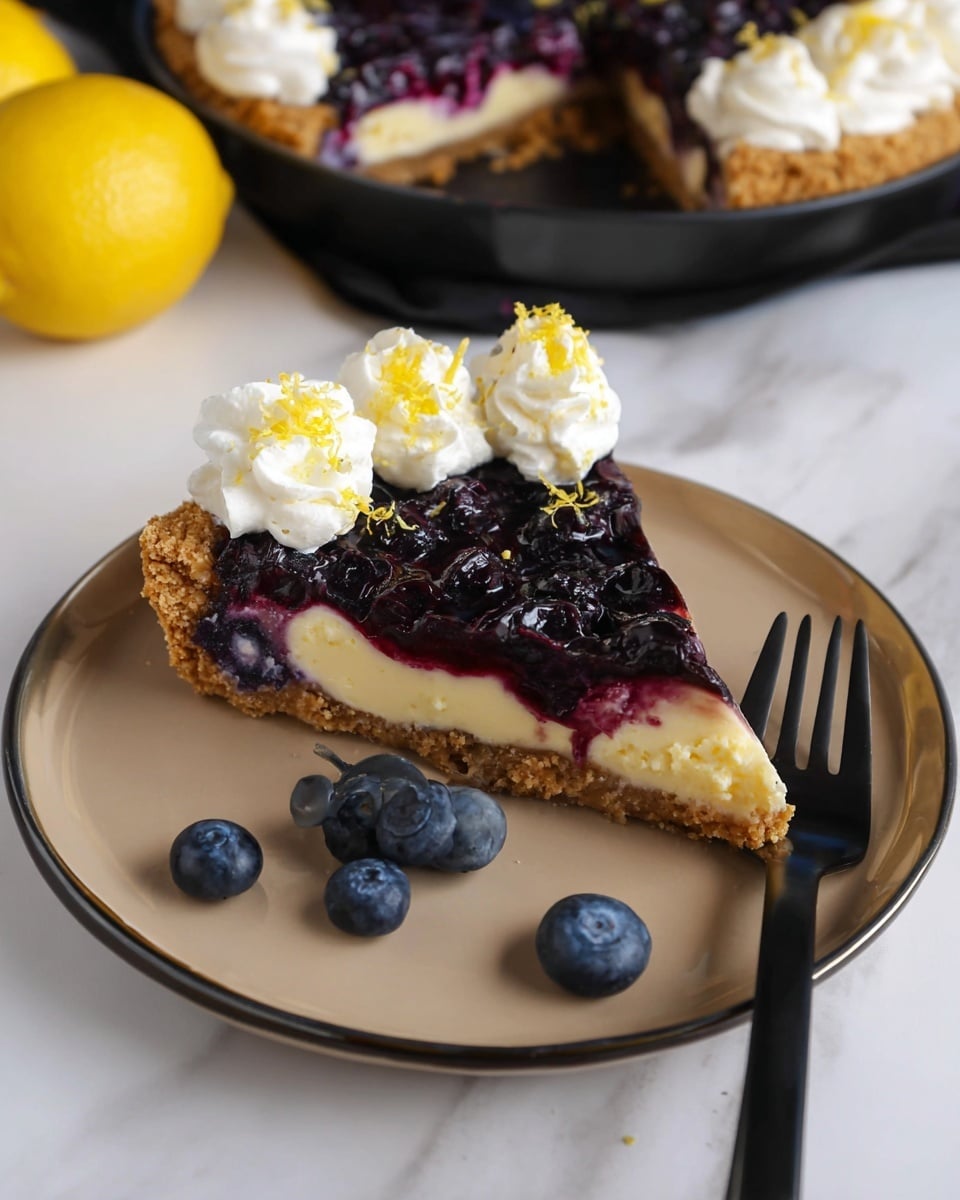 A slice of blueberry tart with three visible layers sits on a white plate. The bottom layer is a crumbly light brown crust, the middle layer is a creamy pale yellow filling, and the top layer is a glossy dark purple blueberry topping with whole blueberries embedded. Four white dollops of whipped cream, sprinkled with lemon zest, are neatly placed along one side of the tart slice. Several whole blueberries rest near the tart slice on the plate. A black fork is positioned at the bottom of the plate. In the background, part of the tart with missing slices is on a black pan, and there is one whole lemon on the white marbled surface. Photo taken with an iphone --ar 4:5 --v 7