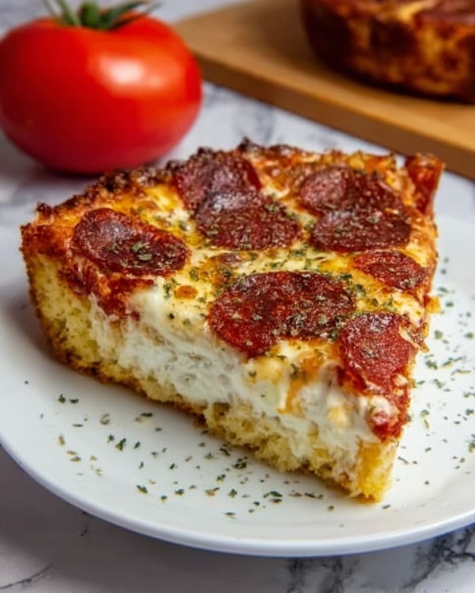 A single slice of deep-dish pizza sits on a white plate with green herbs sprinkled on the cheesy top layer. The pizza has three layers: the bottom is a thick golden-brown crust, the middle is a creamy white cheese layer, and the top is covered with melted mozzarella cheese dotted with dark red pepperoni slices and sprinkled with green herbs. The background shows a white marbled surface with a whole fresh red tomato and a wooden cutting board partially visible behind the plate. Photo taken with an iphone --ar 4:5 --v 7