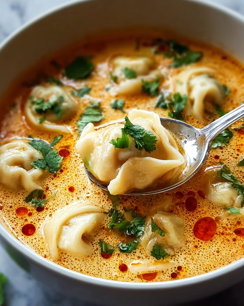 A close-up view of a white bowl filled with golden-orange creamy soup with small dumplings floating in it. The soup has a smooth and slightly frothy texture with drops of red oil on the surface. The dumplings are light beige with soft, folded edges, and one dumpling is lifted on a shiny silver spoon, topped with fresh green cilantro leaves. Extra cilantro leaves are scattered across the soup, adding a bright contrast to the warm tones. The bowl rests on a white marbled surface. Photo taken with an iphone --ar 4:5 --v 7