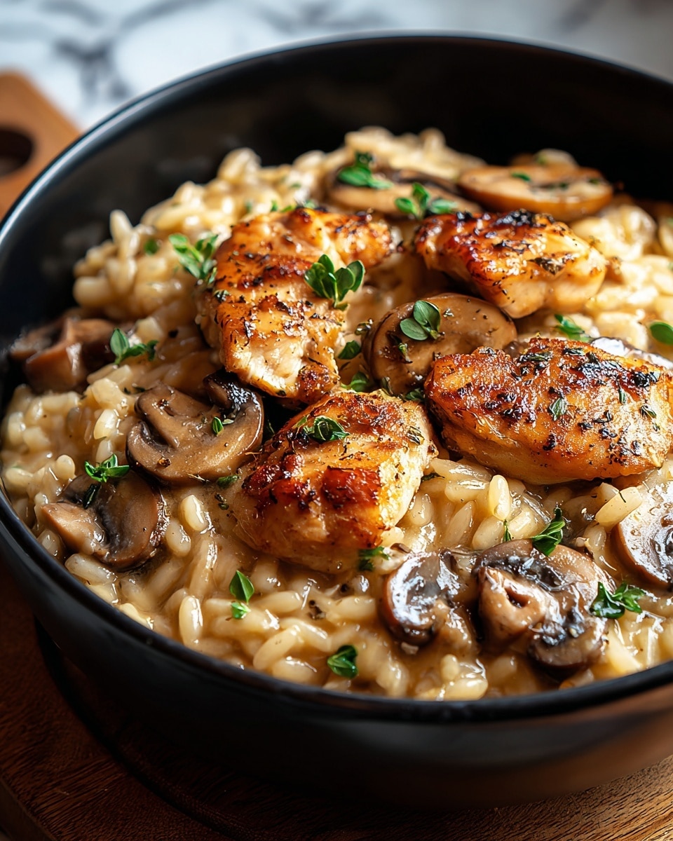 A close-up shows a black bowl filled with creamy risotto pasta as the bottom layer, colored light golden with a smooth, slightly shiny texture. Mixed within the risotto are sliced brown mushrooms, soft and slightly glossy. On top, there are four pieces of golden brown cooked chicken, with a seared, slightly crispy surface and visible seasoning. Small green herb leaves are sprinkled over the dish, adding fresh color contrast. The bowl sits on a wooden board with a blurred white marbled texture background. photo taken with an iphone --ar 4:5 --v 7
