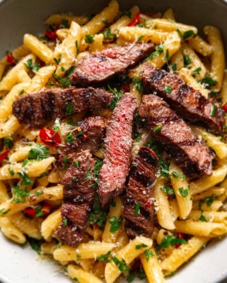 One-Skillet Spicy Garlic Butter Parmesan Steak Pasta Recipe
